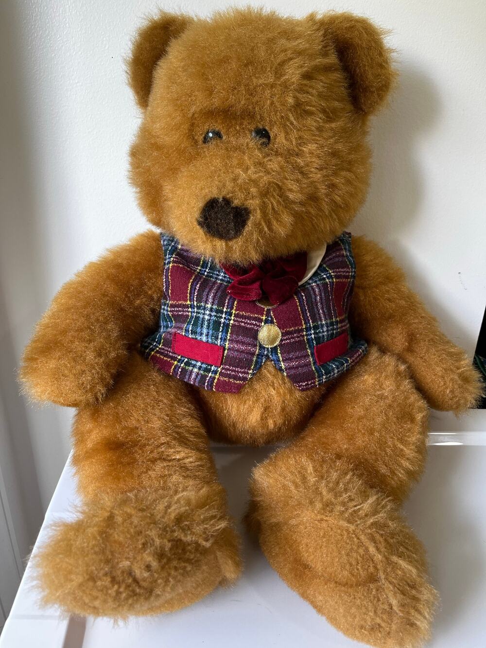 JC Penney Holiday Collection Teddy Bear plaid vest & velvet tie vintage
